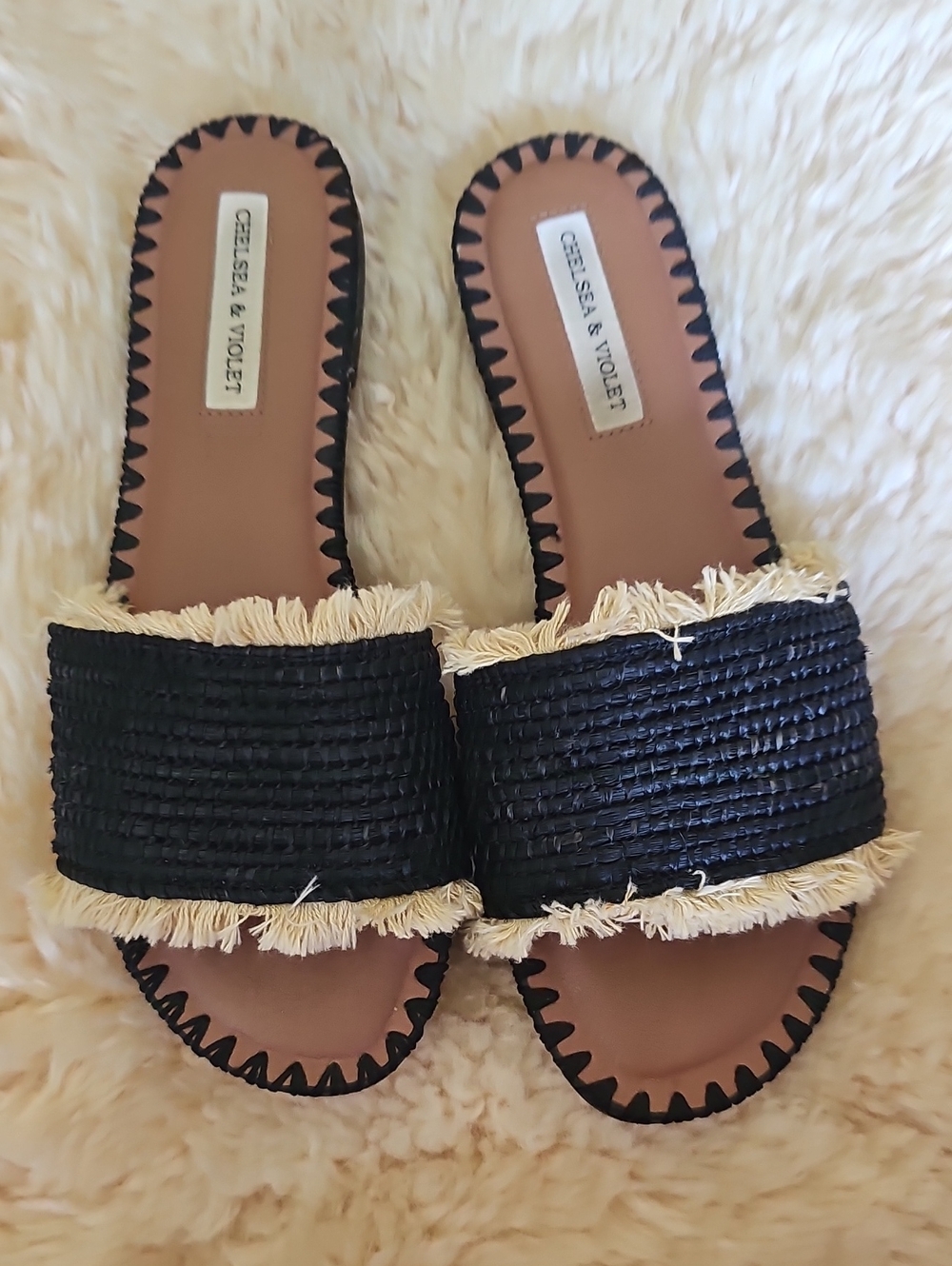Chelsea & Violet Black Slide Sandals with Cream Fringe Trim